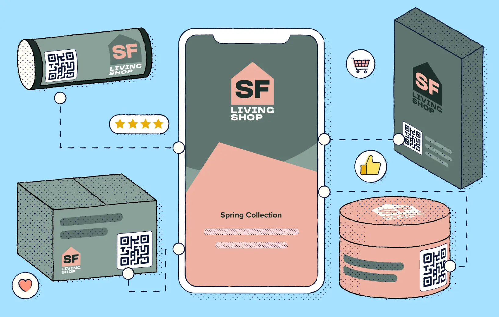 A smartphone displaying the fictional brand SF Living Shop surrounded by QR Codes on various product packaging.