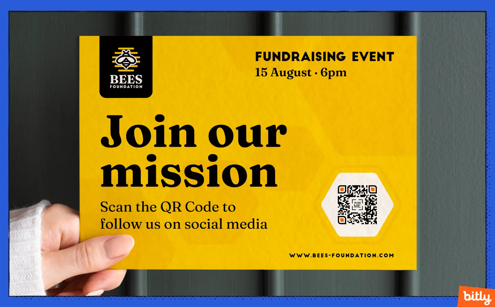 Bees Foundation fundraising event flyer with a Social Media QR Code and call-to-action to scan to follow their socials