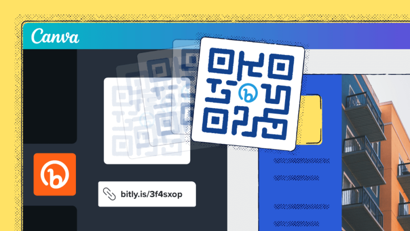 An illustration of a QR Code being moved from the Bitly integration in Canva to a design.