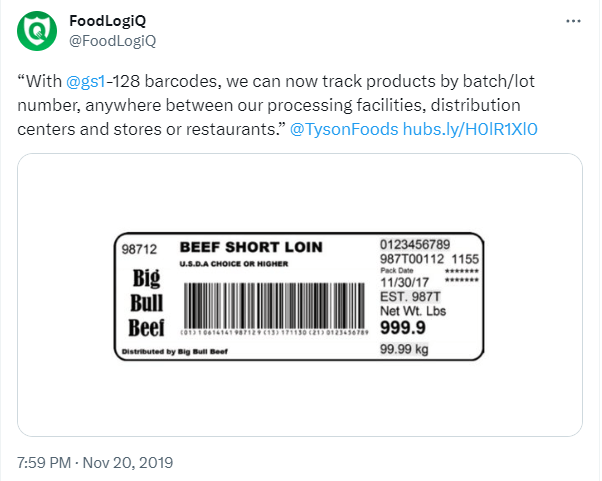 Tweet of a barcode on a beef short loin.