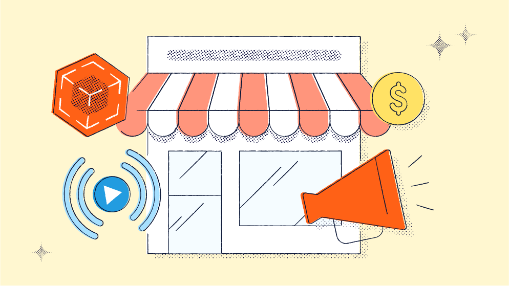 An illustration of a retail store with a video button, megaphone, and currency symbol.