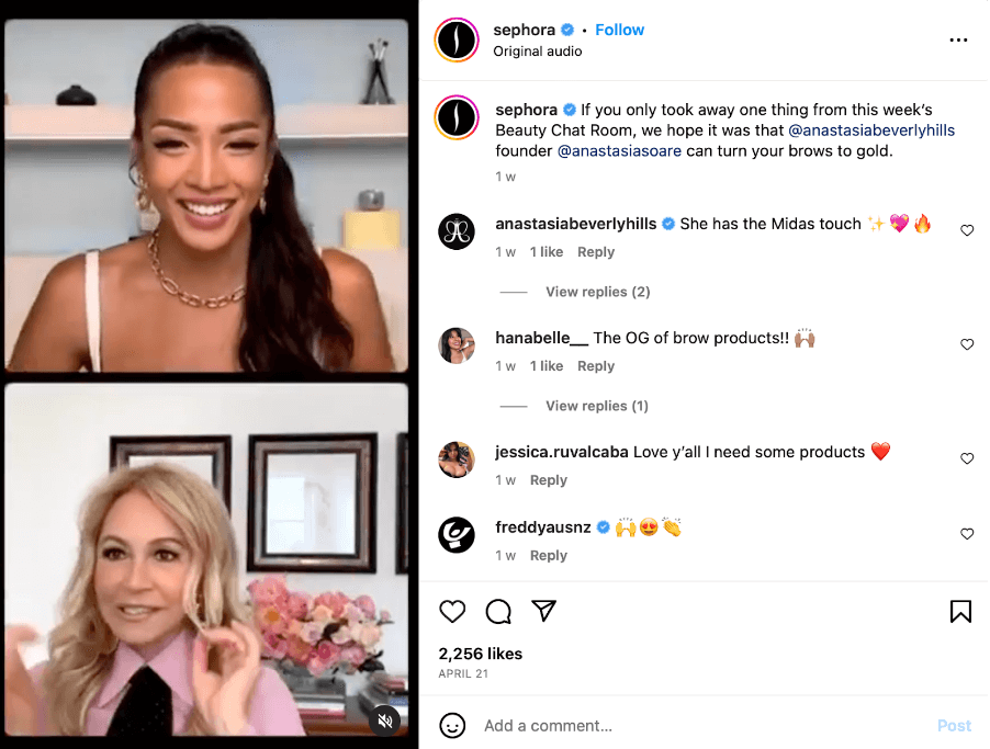 A screenshot of a livestream by Sephora on Instagram showcasing a retail marketing best practice.