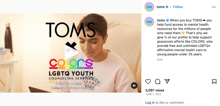 An Instagram post from the shoe company TOMS detailing it's commitment to social responsibility.