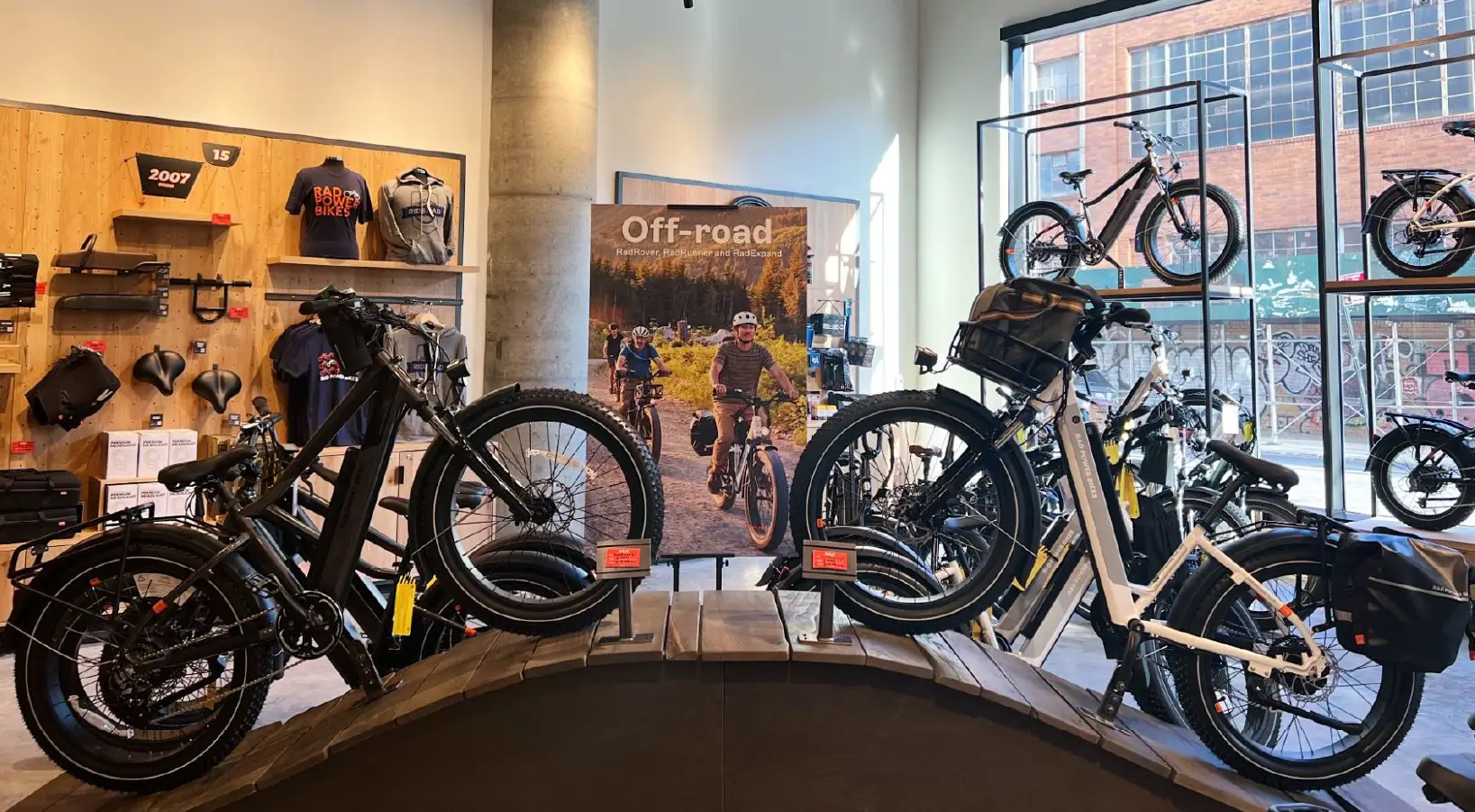 In-store image from a Rad Power Bikes store showcasing several electric bikes on display.