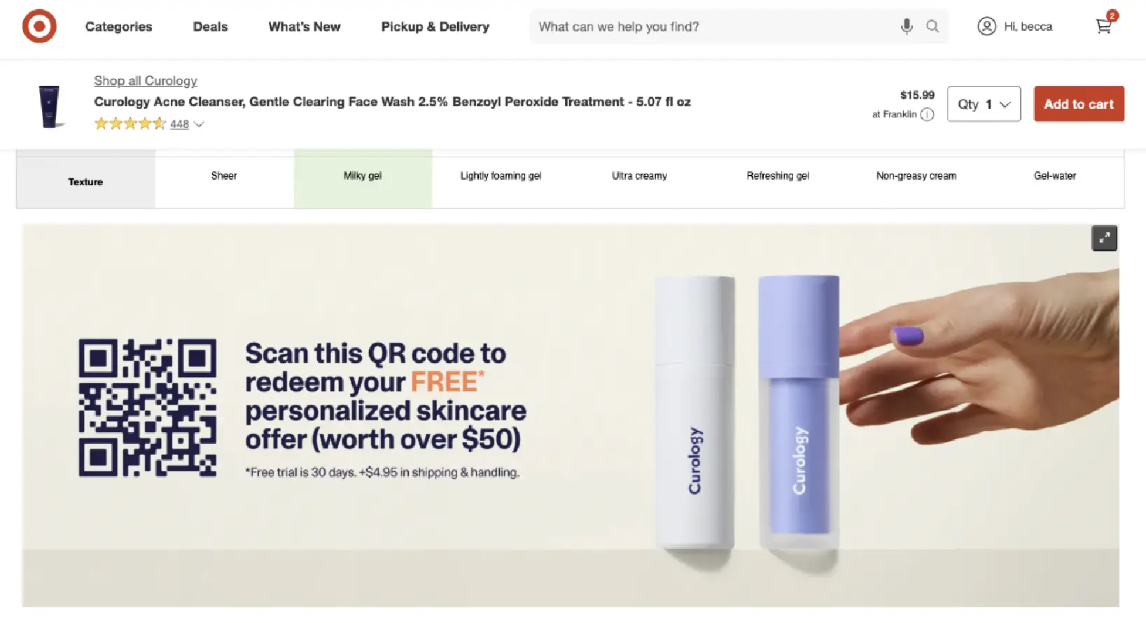 Image on Target.com's website showcasing Curology's offer to scan a QR Code and redeem a personalized skincare offer.