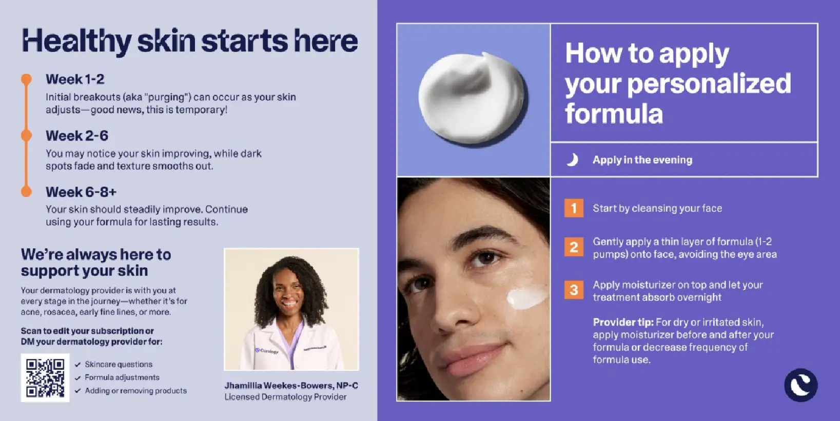 Packaging insert from Curology that teaches people how to apply to get a personalized formula for skincare.