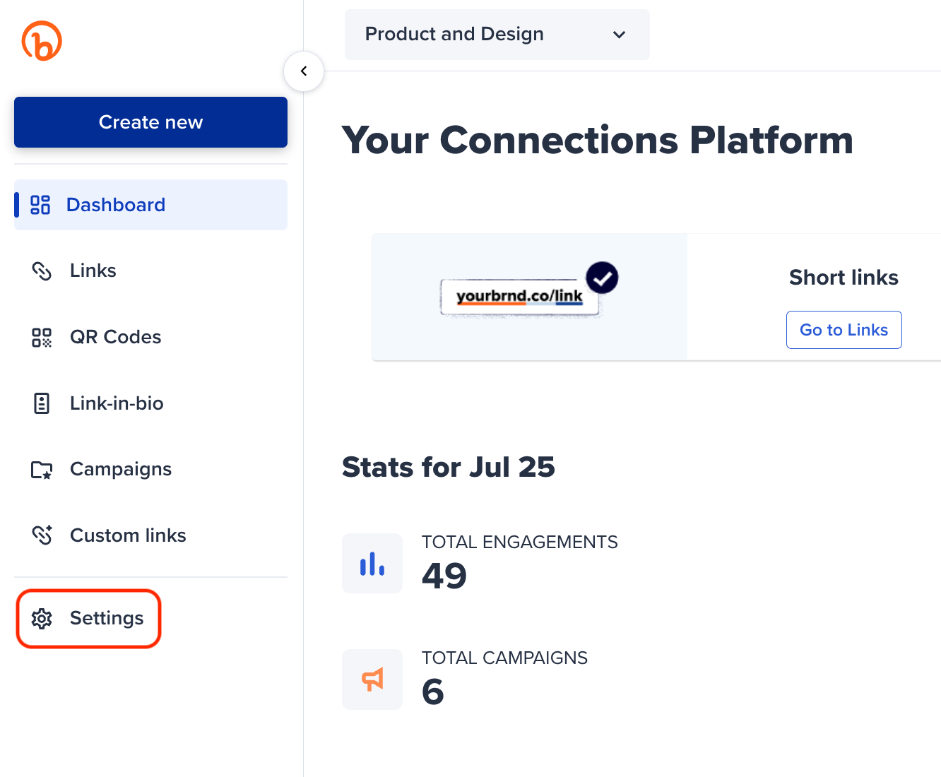 Your connections platform and settings circled