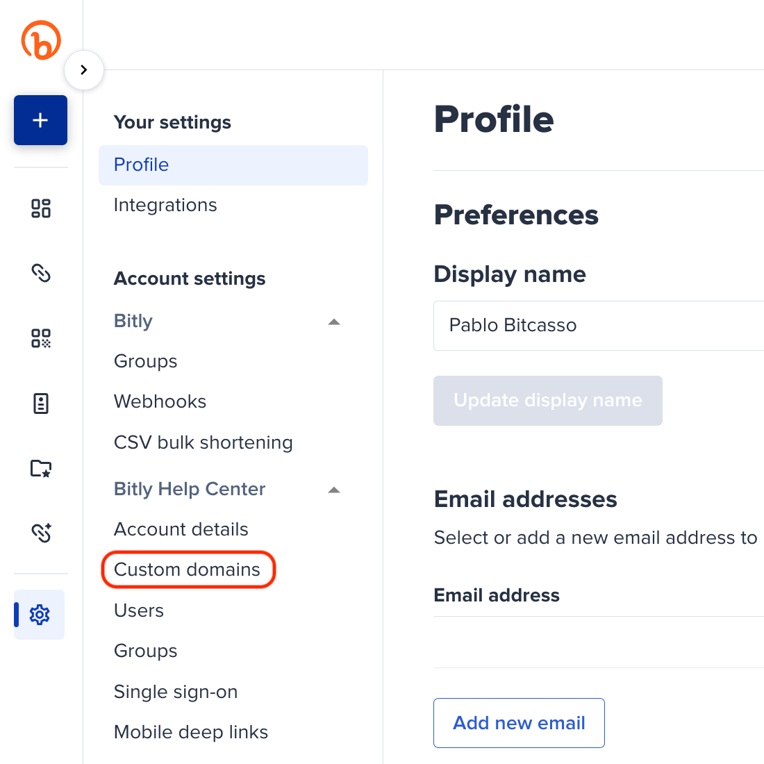 Bitly preferences with custom domains circled