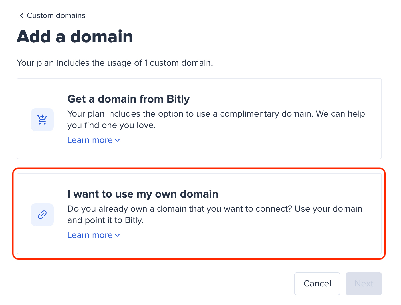 I want to use my own domain circled from custom domains page