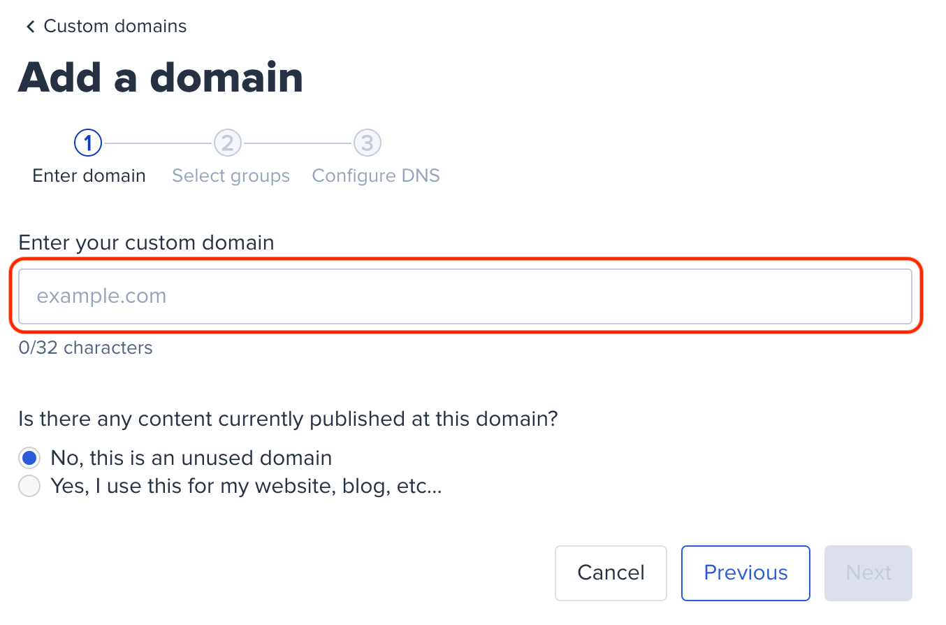 enter your custom domain highlighted to add a domain