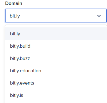 domain dropdown including bit.ly, bitly.build, bitly.buzz, bitly.education, bitly.education, bitly.events and bitly.is