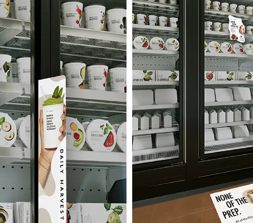 Two images side by side showcasing Daily Harvest food in a Kroger grocery store with stickers on the door that feature a QR Code.