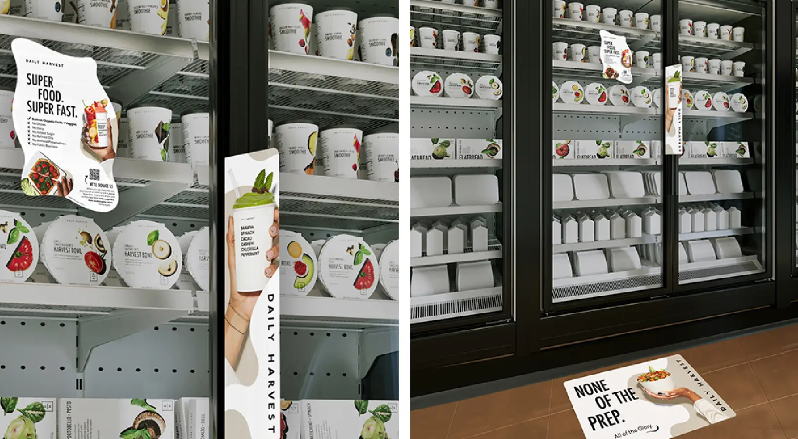 A freezer display in a grocery store full of Daily Harvest prodcuts with a QR Code on a sticker.