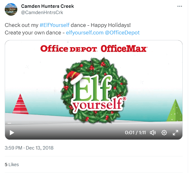 A Twitter/X screenshot of the video Elf Yourself