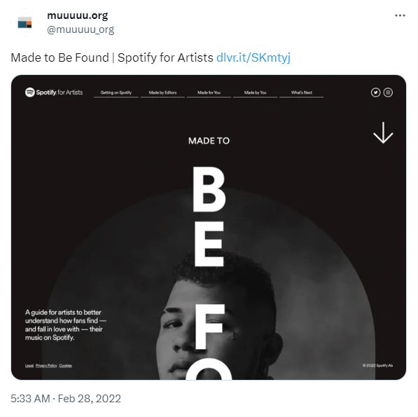 A Twitter screenshot of Spotify’s “Made for You” microsite featuring a black and white image of a male presenting face with white text over the image