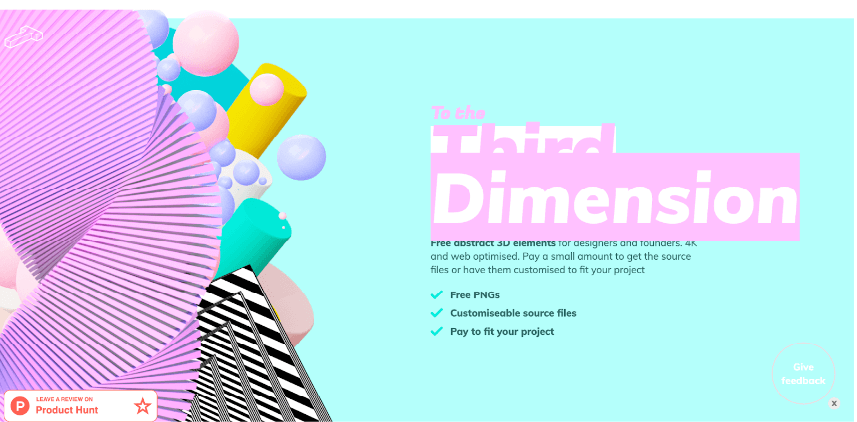 To the Third Dimension microsite with pink and white font on an aqua backdrop