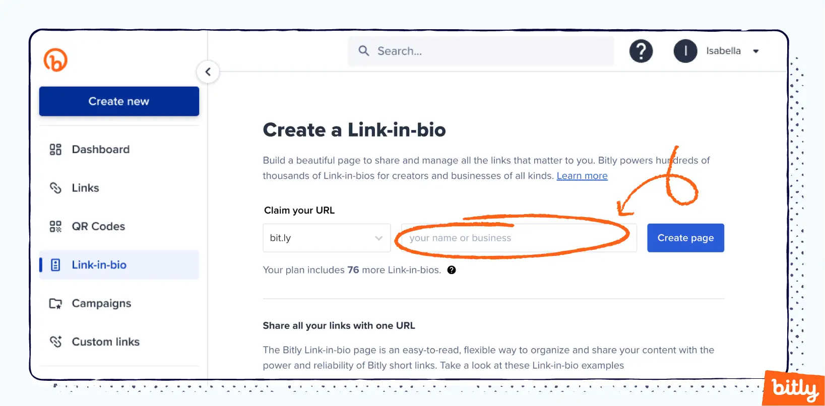 An orange arrow pointing to the box where you can input your name or business when creating a Bitly Link-in-bio.