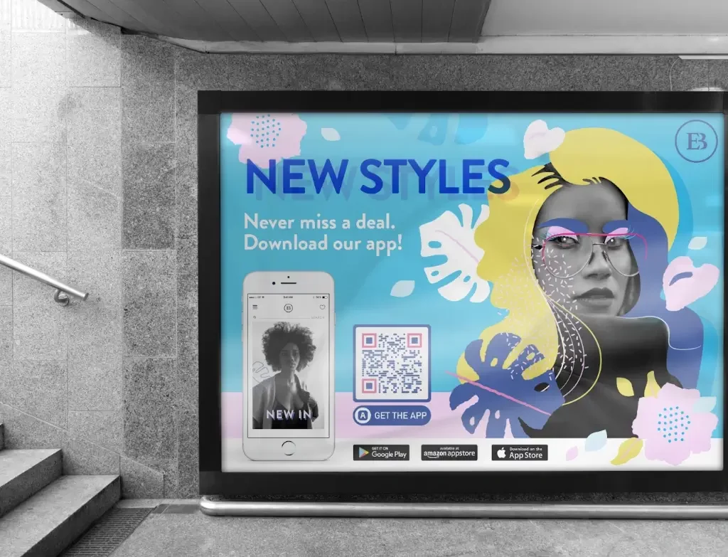 A billboard featuring a smartphone, a QR Code with a get the app CTA, and a woman wearing glasses