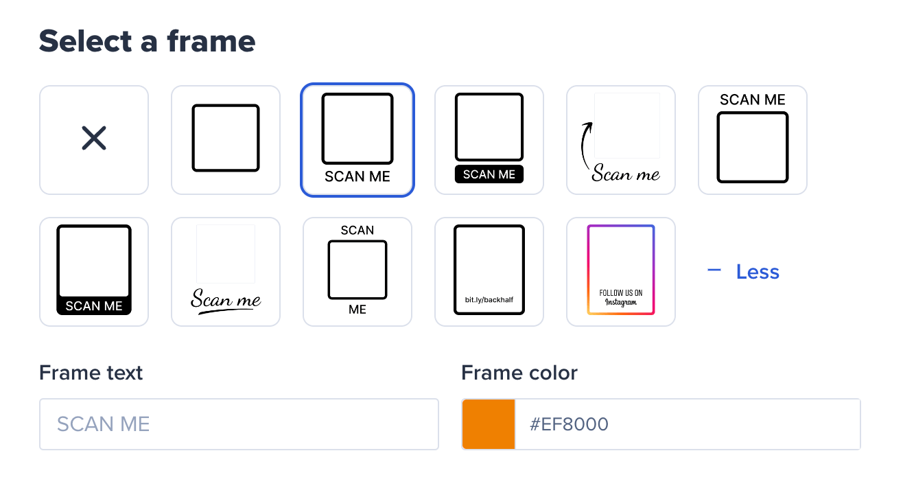 QR Code frame, frame text, and frame color selection on the Bitly Dashboard