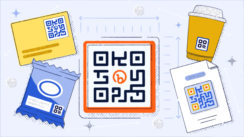 Appropriately-sized QR Codes on different products surrounding a big QR Code