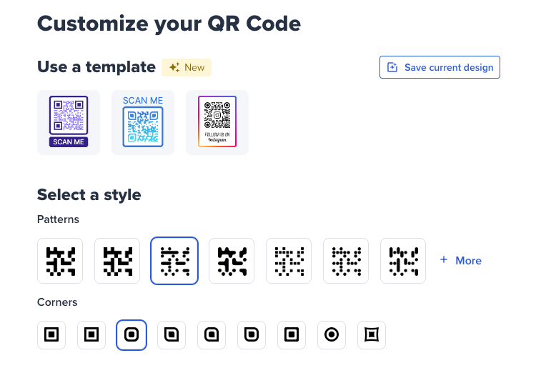 QR Code template, pattern, and corner selctions on the Bitly Dashboard