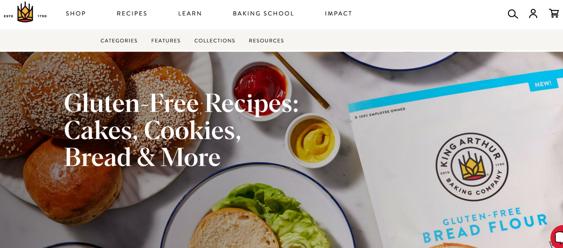 Image of King Arthur Baking's website showcasing bread flour and gluten-free recipes.