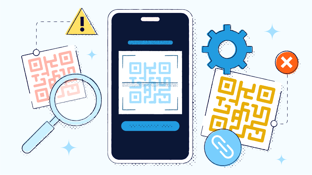 Mobile phone displaying a QR Code with different graphics surrounding the phone