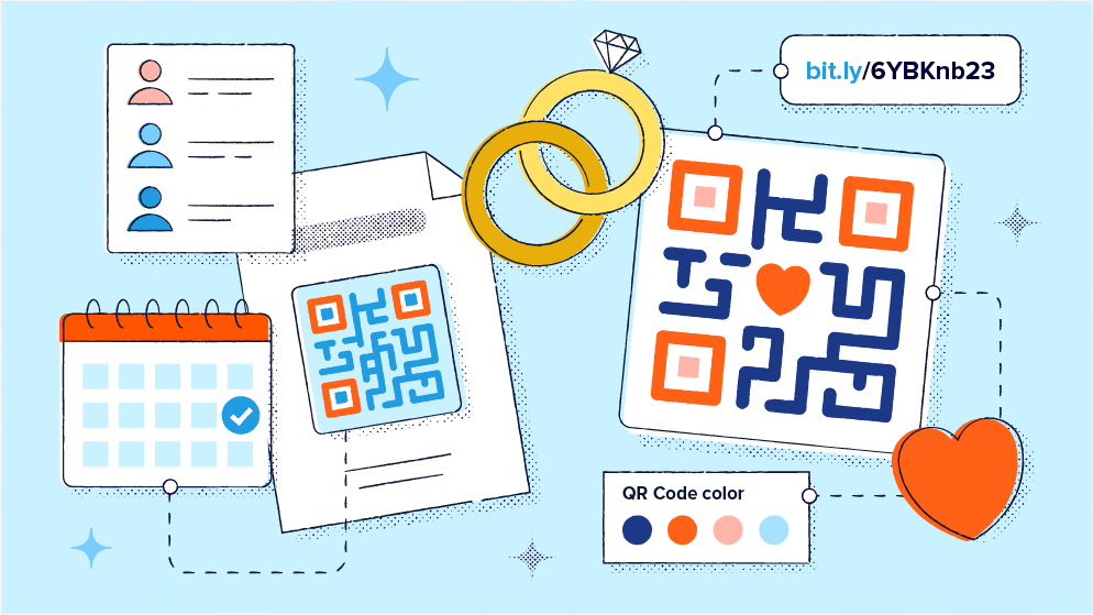 Interlocking wedding rings, QR Code, QR Code on an invite with a calendar and contact graphic next to it