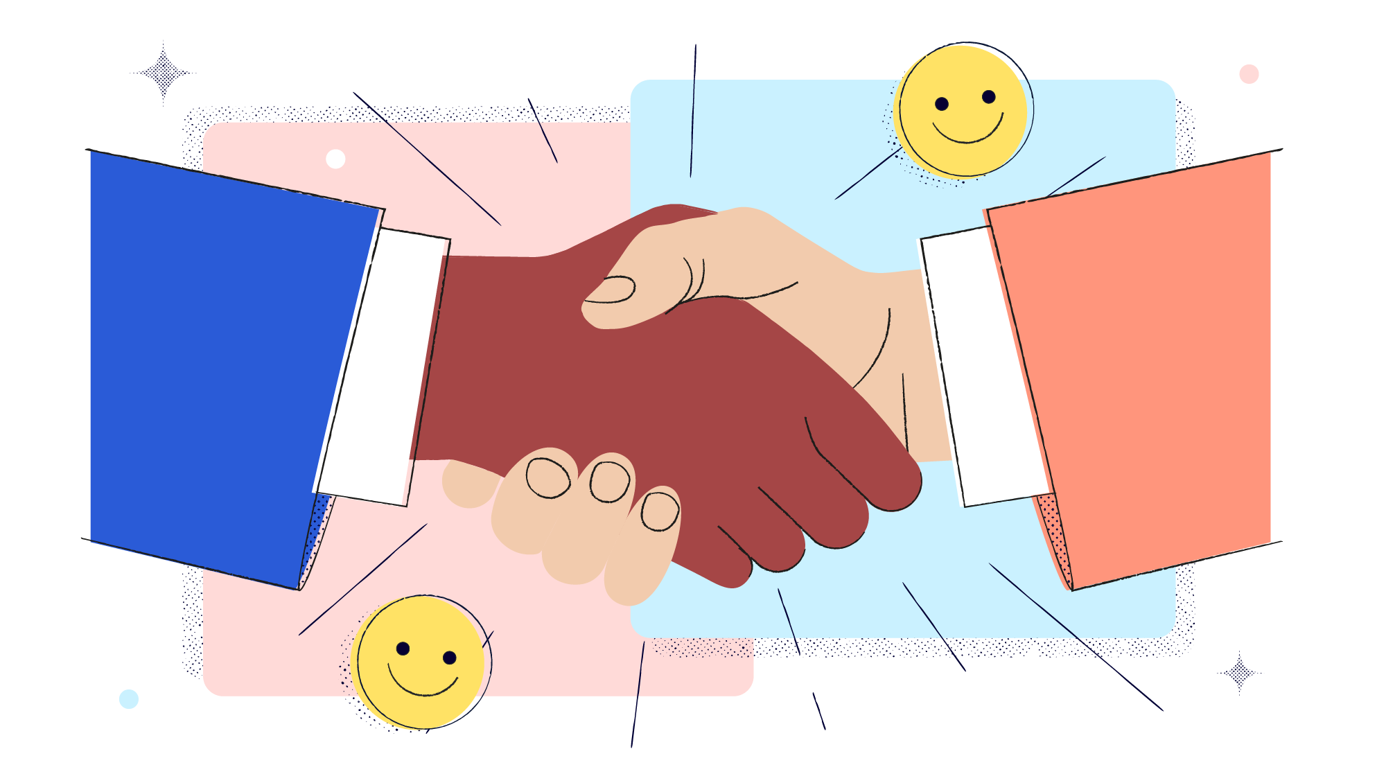Illustration of two people shaking hands with smiley faces surrounding them.