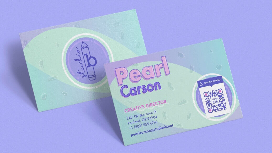 An aqua, pink, and purple business card with a “Save my contact” QR Code frame text. 
