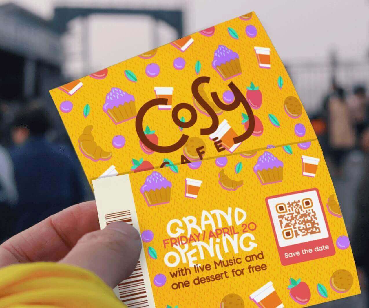 A person’s hand holding a yellow event ticket with a QR Code frame CTA to “Save the date”
