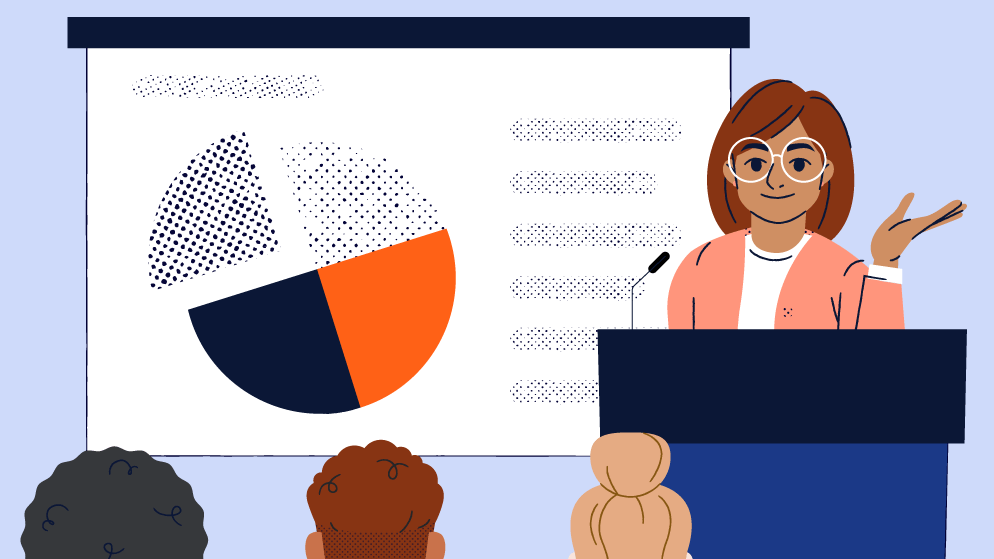 Illustration of a person standing at a podium in front of slides with a chart on it.