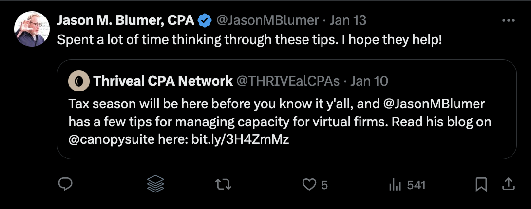 Screenshot of a tweet on X from Jason M. Blumer about tax season and tips for managing capacity at firms.