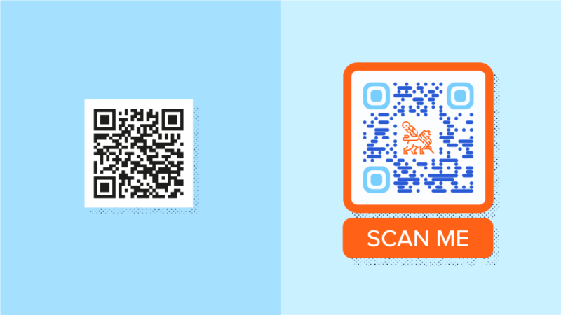 QR Code frames where one is black and the other is orange with a "scan me" call to action.