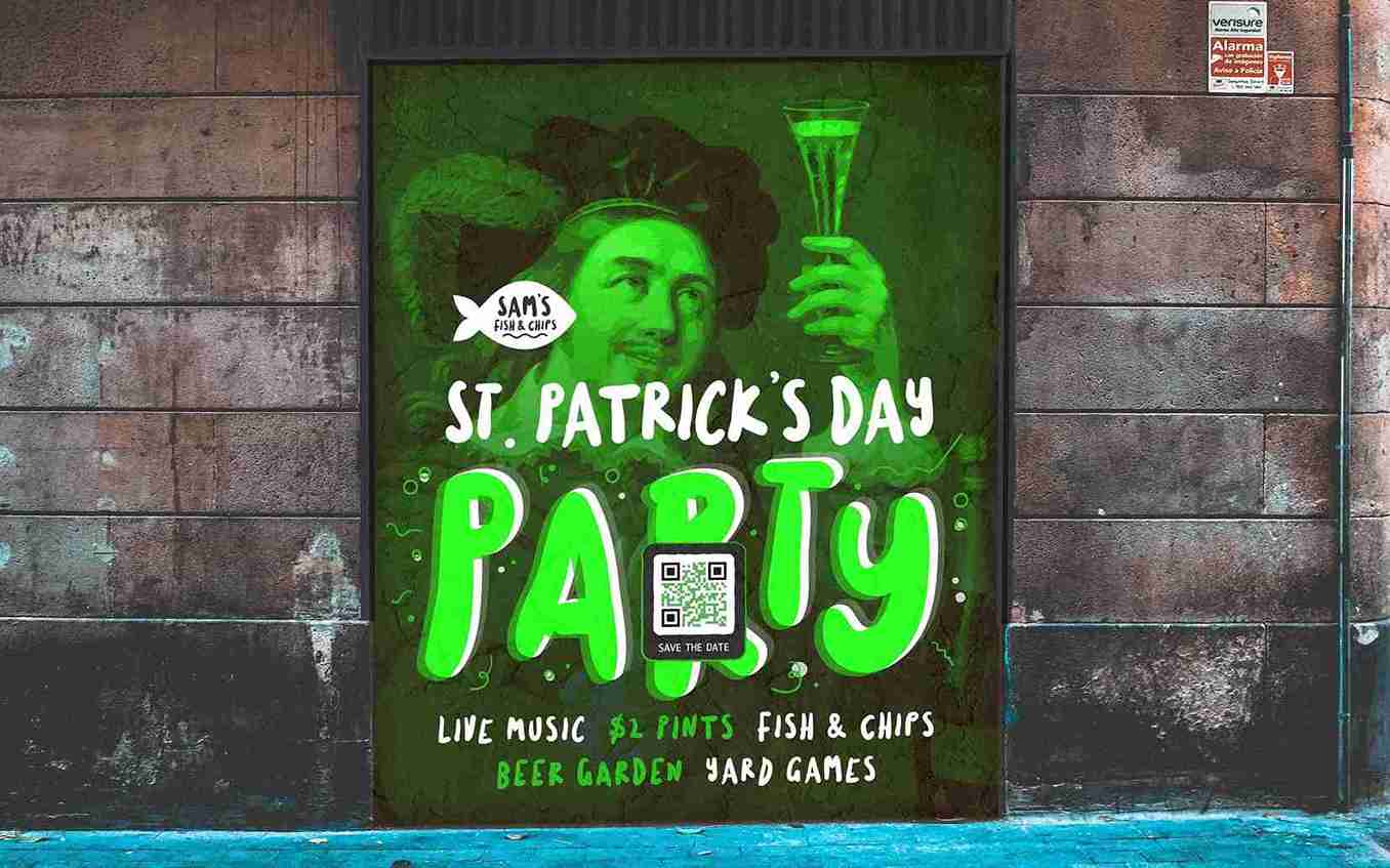 A green Saint Patrick's Day event ad with a QR Code on it. 