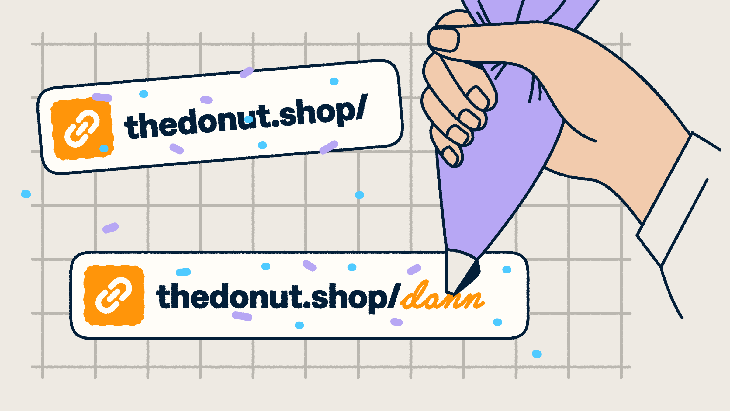 A Danni’s Donut Shop custom link with a hand using a piping bag to create a custom link back-half. 