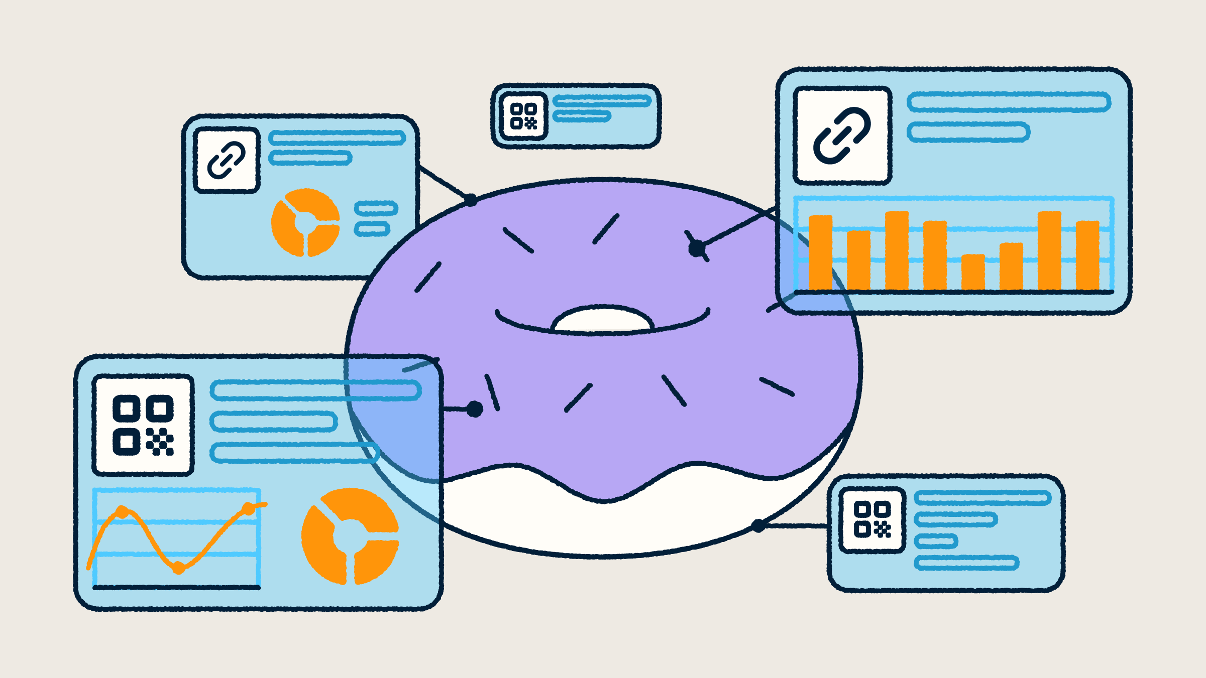 A purple-coated donut leads to graphs of links and QR Codes.