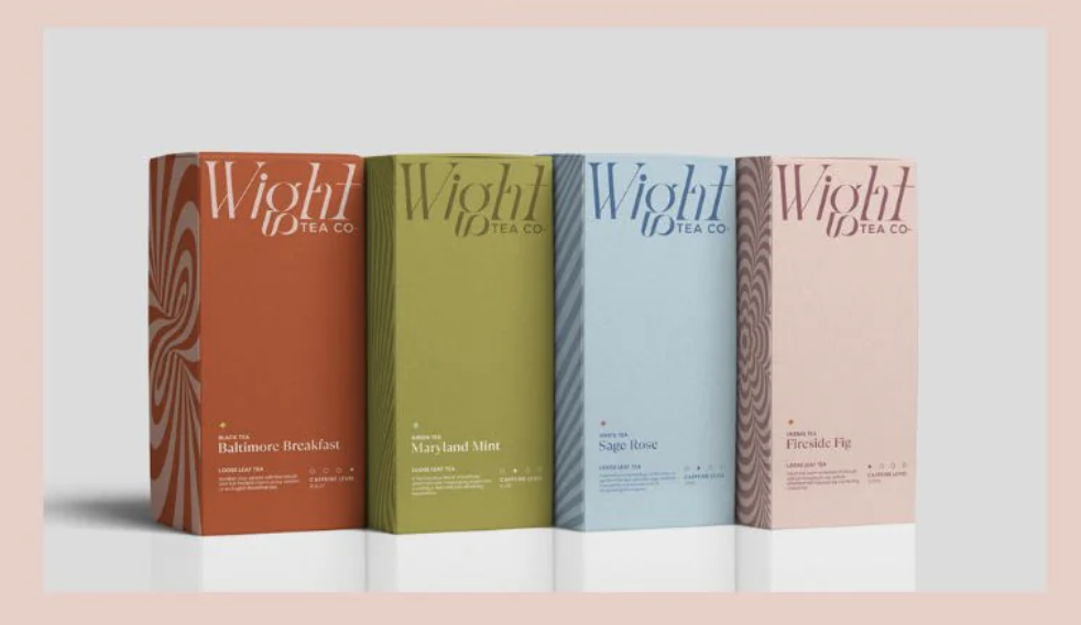 Four colorful tea packages featuring Wight Tea's unique blends. 